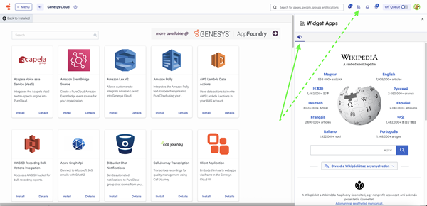 Integration of a widget app to the sidebar, accessed via the top-bar app button.